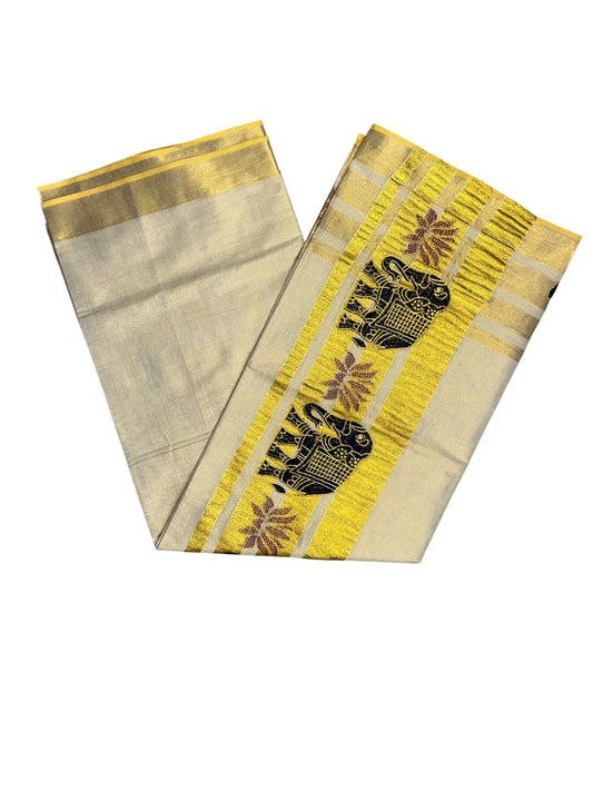 Southloom Tissue Kerala Kasavu Lines Saree with Elephant Embroidery Designs on Body