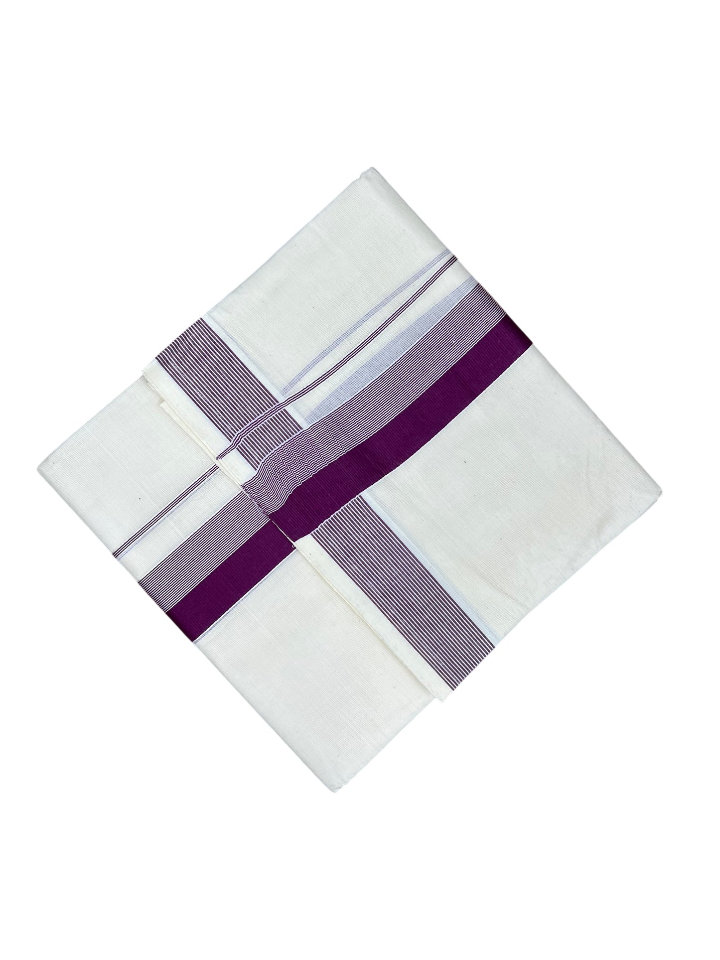 Southloom Kerala Pure Cotton Double Mundu with Purple Lines And Purple Border (South Indian Kerala Dhoti)