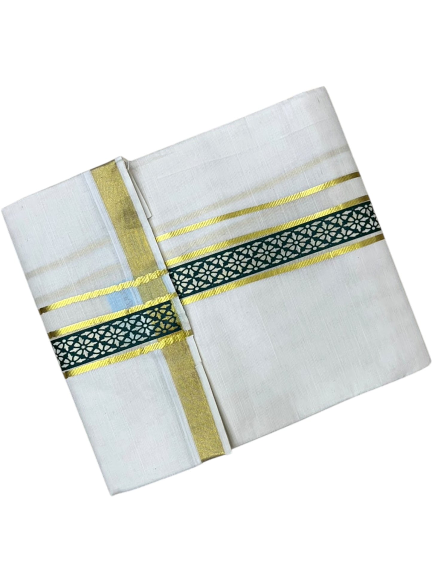 Southloom Pure Cotton Double Mundu with Green Block Printed And Ksavu Border (South Indian Kerala Dhoti)