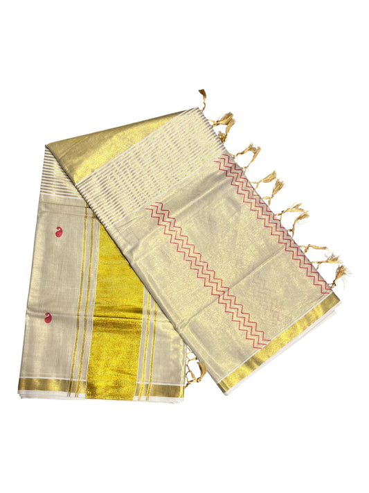 Southloom Kerala Tissue Kasavu Saree Red Hand Printed