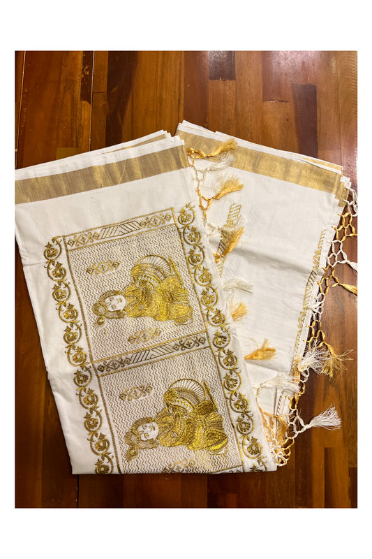 Pure Cotton Kerala Kasavu Saree with Golden Krishna Thread Works