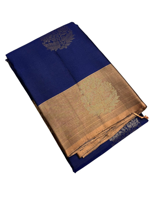 Southloom Pure Handloom Kanchipuram Silk Saree with Butta Work(Blue & Brown )
