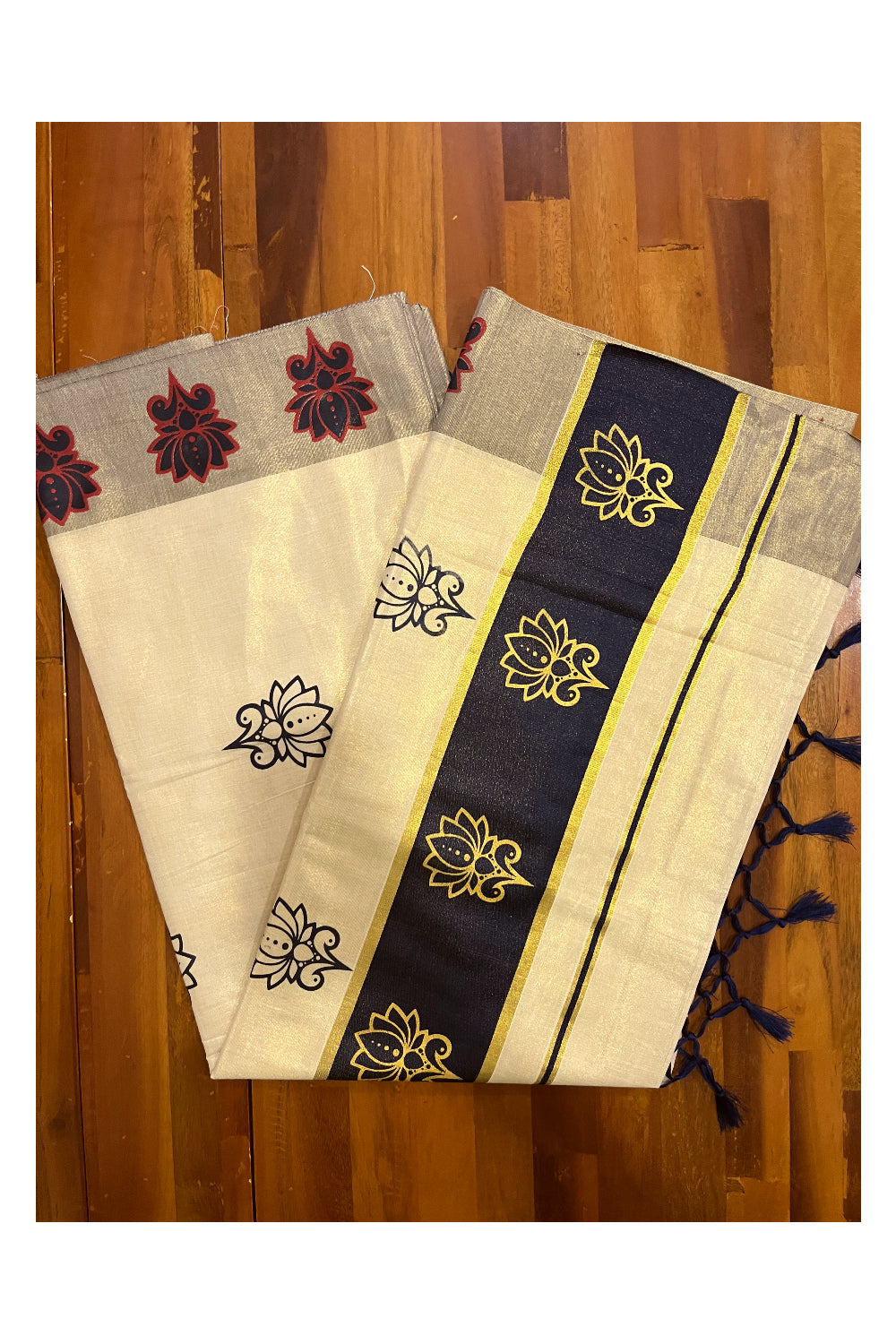 Kerala Tissue Kasavu Saree with Navy Blue and Golden Block Prints and Navy Blue Border