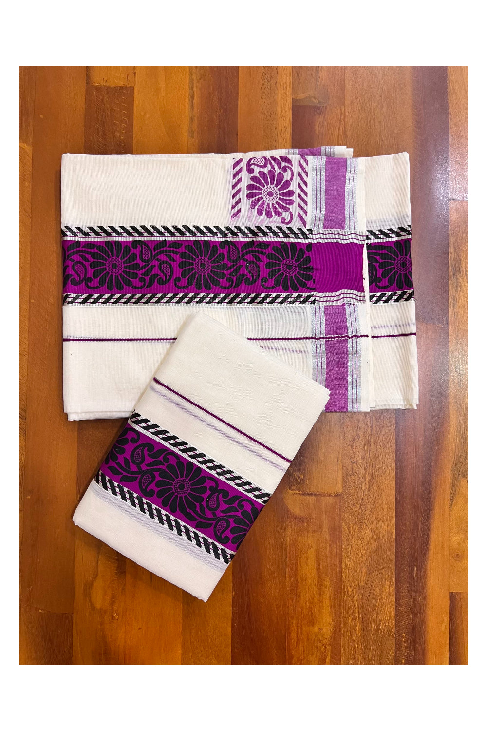 Kerala Pure Cotton Set Mundu Single (Mundum Neriyathum) with Black Block Prints on Magenta Border and Silver Kasavu - 2.80Mtrs (Vishu 2024 Collection)