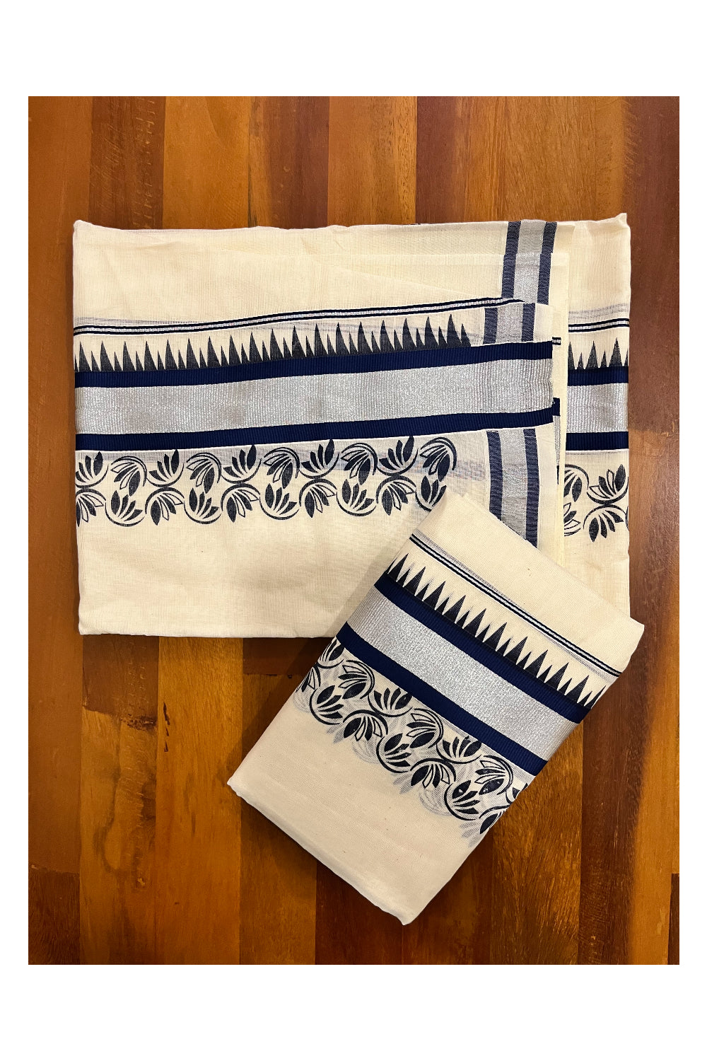 Kerala Pure Cotton Set Mundu Single (Mundum Neriyathum) with Dark Blue Floral Temple Block Prints on Silver Kasavu Border