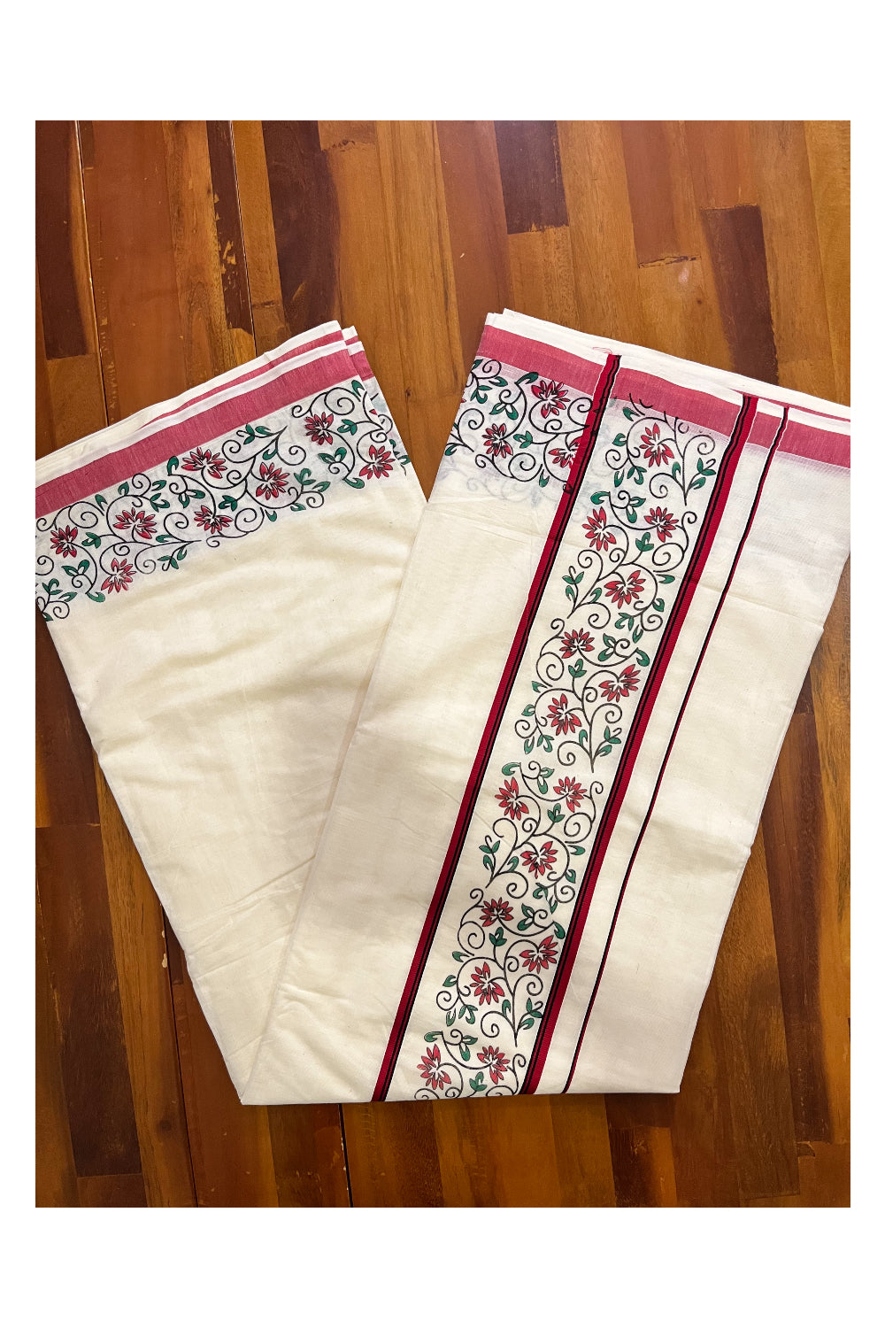 Pure Cotton Kerala Saree with Floral Block Prints and Red Border