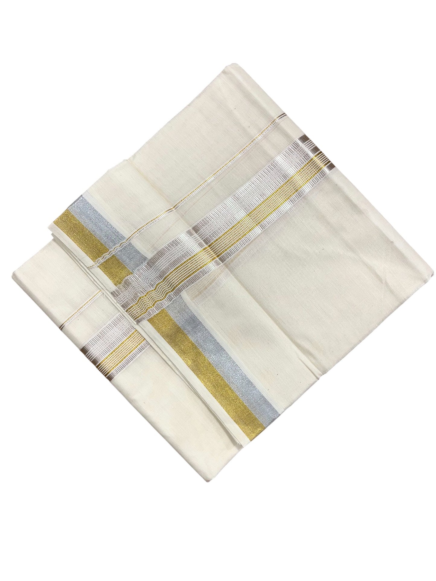 Southloom Kerala Pure Cotton Double Mundu with Silver and Gold Border (South Indian Dhoti)