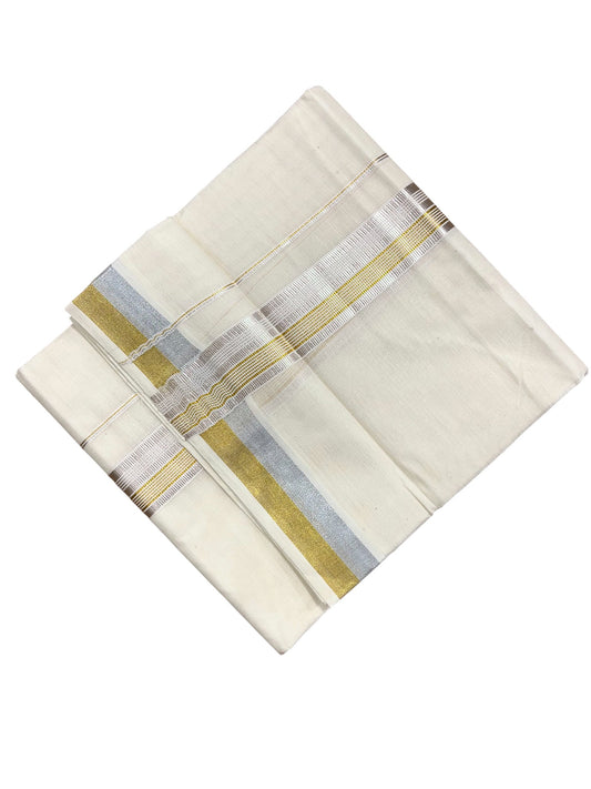 Southloom Kerala Pure Cotton Double Mundu with Silver and Gold Border (South Indian Dhoti)