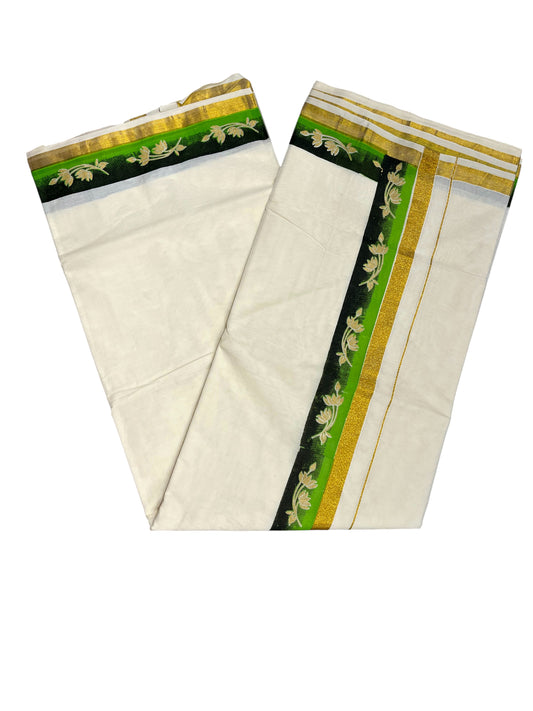 Southloom Cotton Kerala Kasavu Saree with Green and Black  Hand Painted
