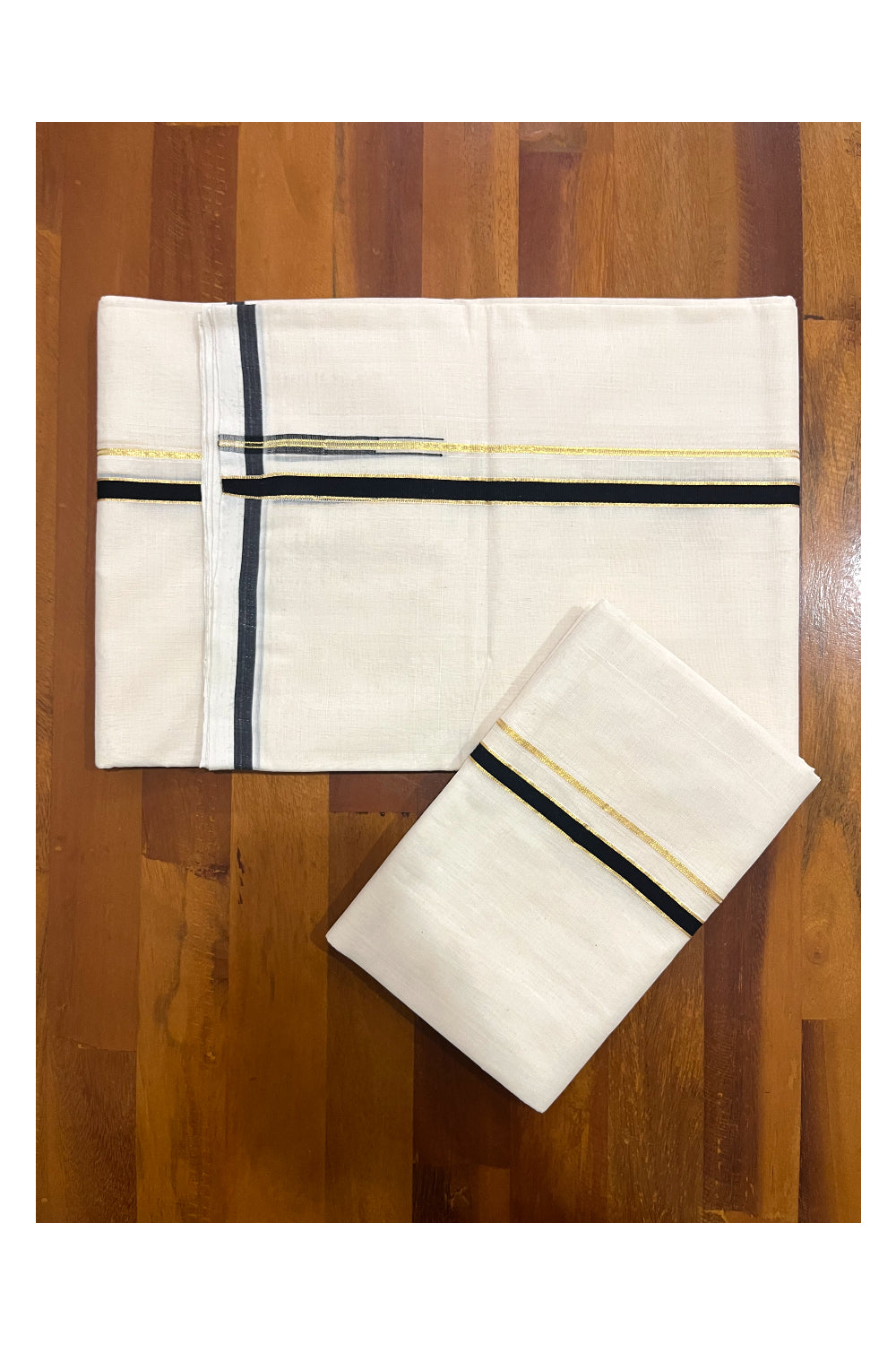 Southloom Premium Handloom Double Set Mundu (Mundum Neriyathum) with Black Puliyilakkara Kasavu Chutti Border