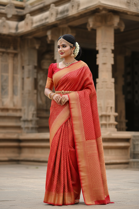 Southloom Premium Semi Silk Zari Work Brocade Saree in Bridal Red with Matching Pallu