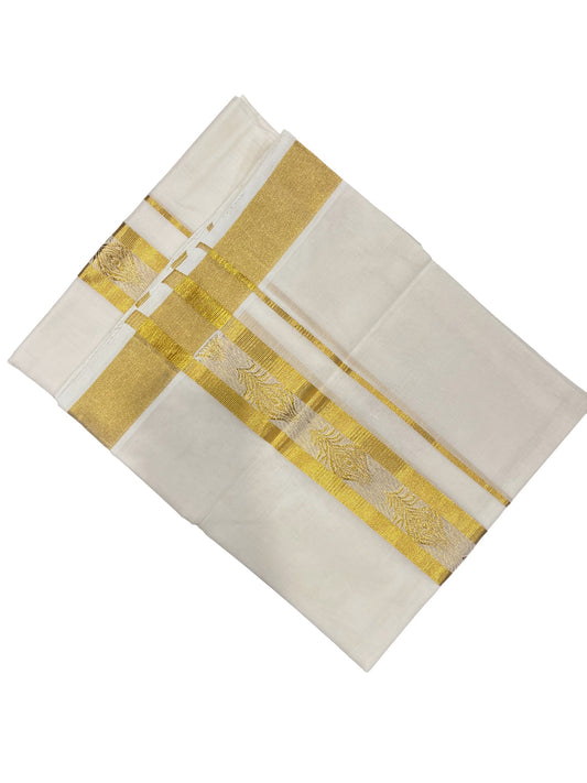 Southloom Premium Handloom Cotton Double Mundu with Gold And Woven Work Kasavu Border