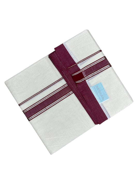 Southloom Pure Cotton Mundu with Silver Lines and Maroon Border (South Indian Kerala Dhoti)