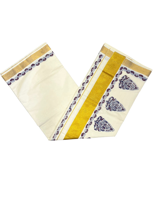 Southloom Cotton Kerala Kasavu Saree with Purpule and Blue Block Prints On Border