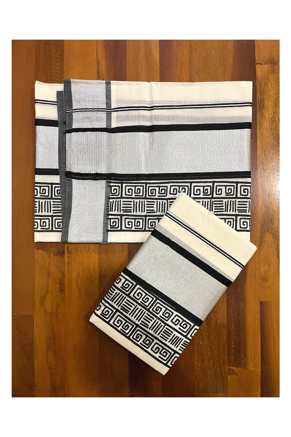 Pure Cotton Kerala Single Set Mundu (Mundum Neriyathum) with Black Block Printed Silver Kasavu Border