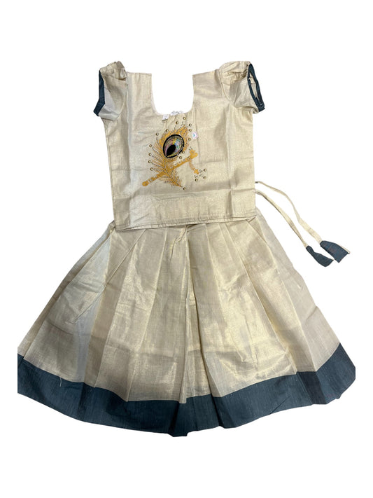 Southloom Kerala Tissue Kasavu Pavada Blouse with Embroidery Work for Kids