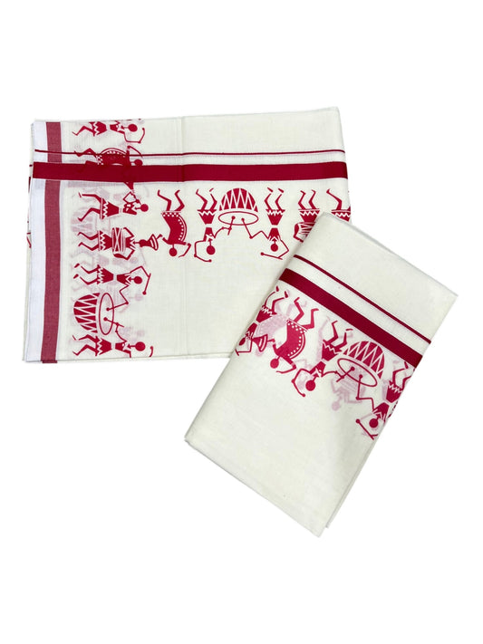 Southloom Pure Cotton Kerala Single Warly Print Set Mundu (Mundum Neriyathum) Red Border in 2.50 mtrs SL246