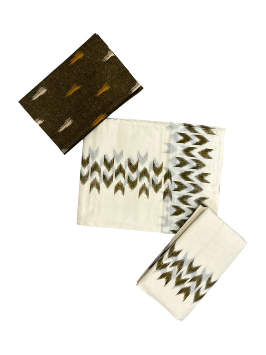 Southloom Ikat Design  Green Printed Set Mundu with Blouse Piece 2.80Mtrs