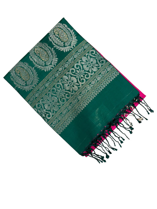 Southloom Pure Handloom Bridal Kanchipuram Silk Saree with Korvai Work (Magenta & Green)