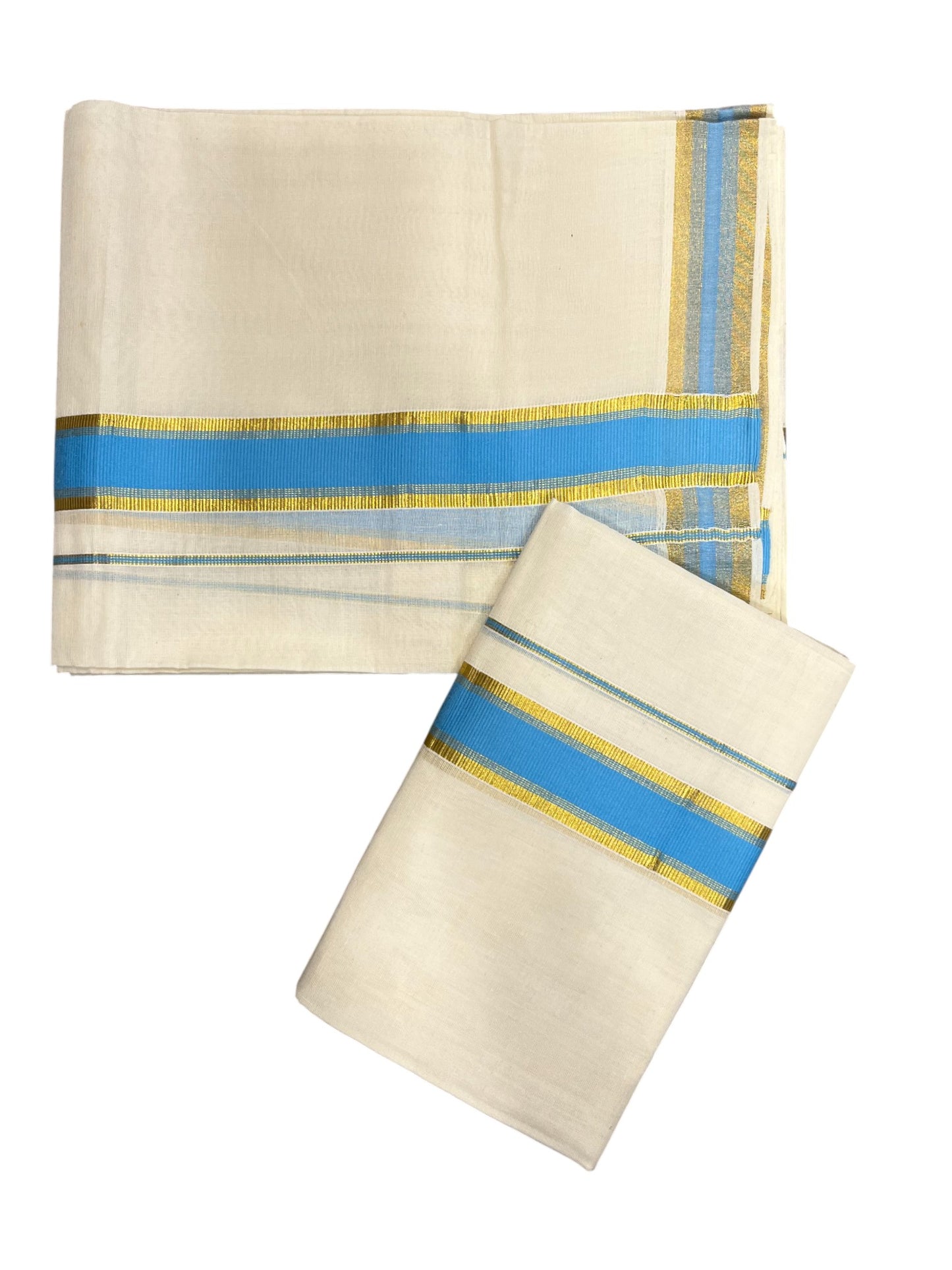 Kerala Cotton Set Mundu (Mundum Neriyathum) with Kasavu and Blue Border