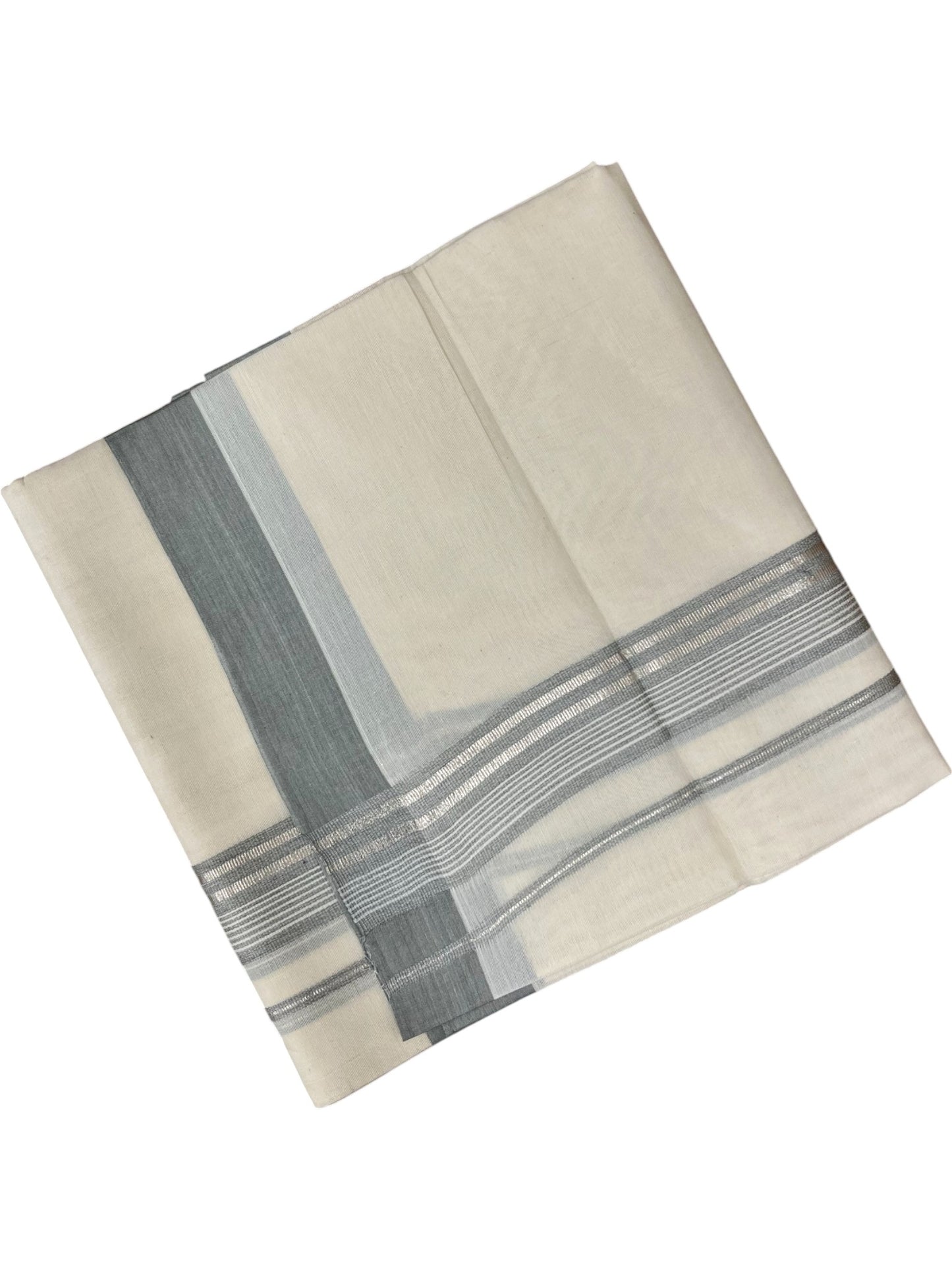 Southloom Kerala Pure Cotton Double Mundu with Grey Colour And Silver Lines Border (South Indian Dhoti)