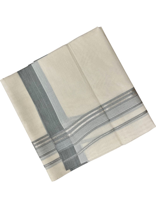 Southloom Kerala Pure Cotton Double Mundu with Grey Colour And Silver Lines Border (South Indian Dhoti)