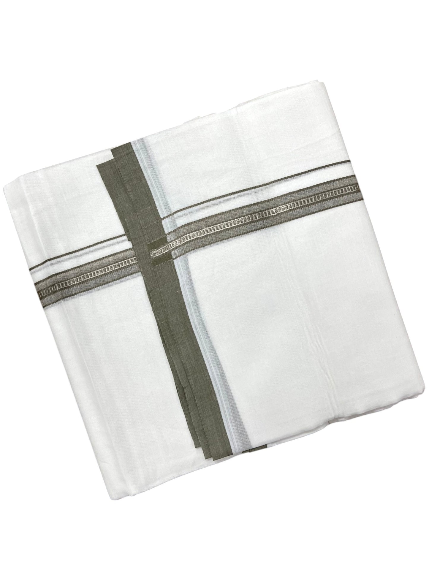 Southloom Pure White Cotton Mundu with Olive Green & Silver Line Border (South Indian Kerala Dhoti)