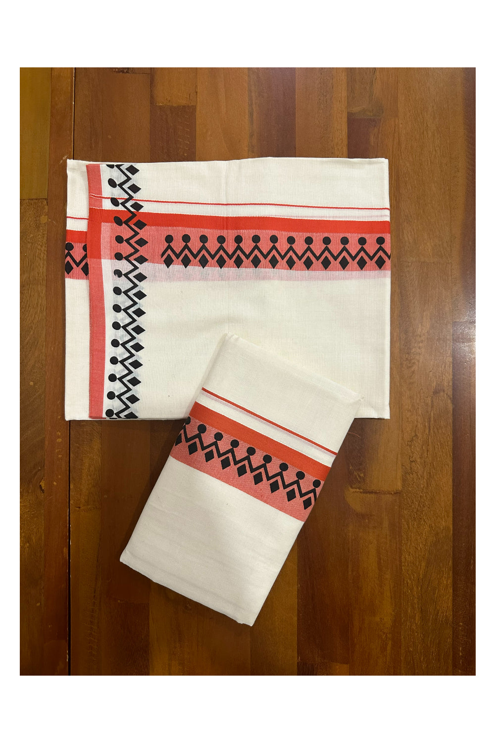 Kerala Cotton Set Mundu (Mundum Neriyathum) with Black Block Prints in Orange Border (Onam Set Mundu 2023)