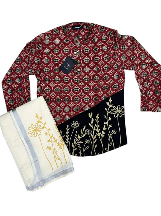 Southloom Cotton Ajrakh Printed Maroon Men's Combo (Shirt + Mundu) SLCOMBO SL579