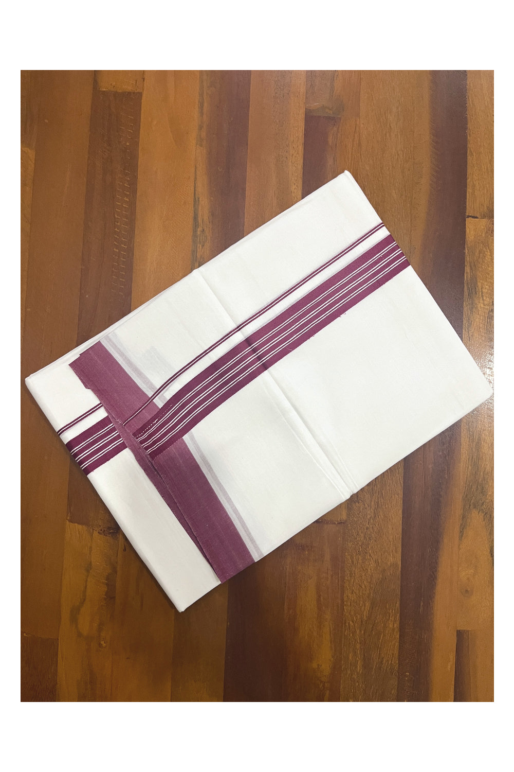 Pure White Cotton Double Mundu with Maroon Lines Border (South Indian Kerala Dhoti)