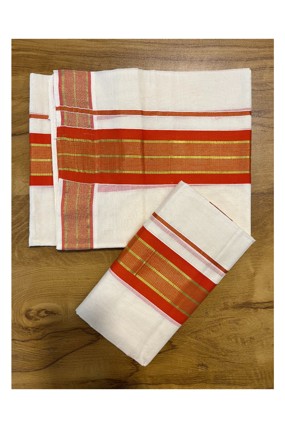 Kerala Cotton Set Mundu (Mundum Neriyathum) with Kasavu and Orange Border 2.80 Mtrs