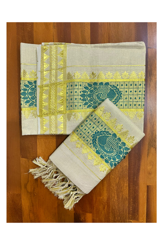Kerala Tissue Single Set Mundu (Mundum Neriyathum) with Green Woven Floral Designs 2.80 Mtrs (Vishu 2024 Collection)