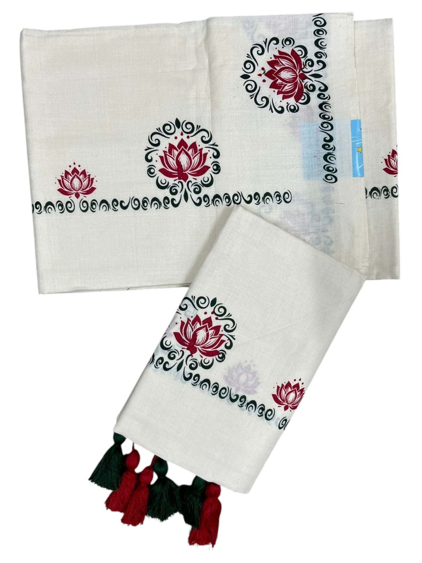 Southloom Kerala Cotton Single Set Mundu (Mundum Neriyathum) with Green &Red Lotus Block Printed Design