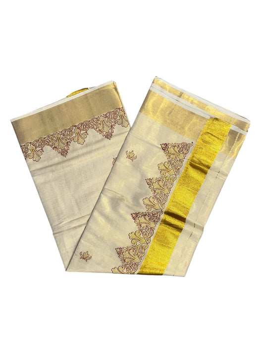 Southloom Tissue Kerala Kasavu Saree with Maroon Floral Print on Border
