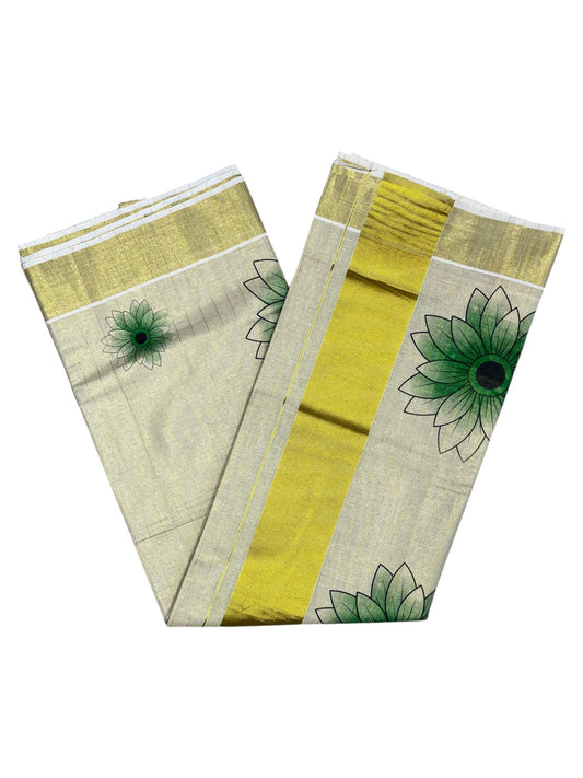 Southloom Kerala Tissue Kasavu Lines Design Saree with Green Floral Prints on Body