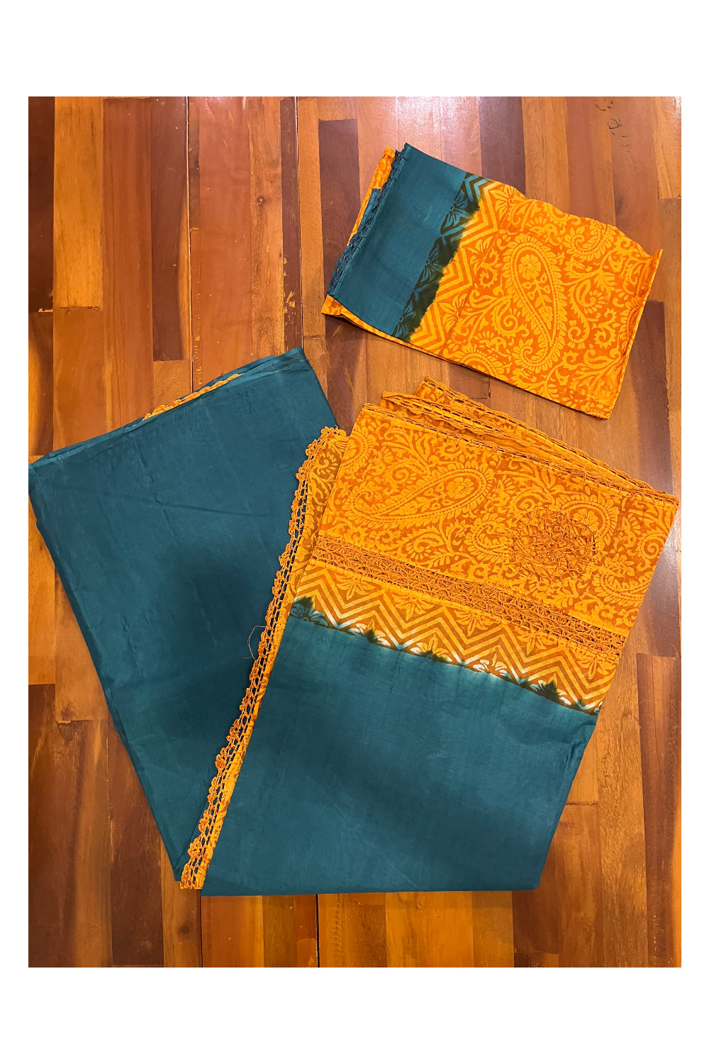 Southloom Pure Cotton Teal Blue Saree with Orange Crochet Woven Designs