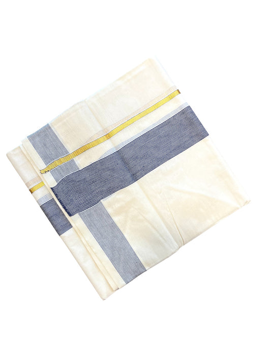 Southloom Kerala Pure Cotton Double Mundu with Gold Lines & Blue Border (South Indian Dhoti)
