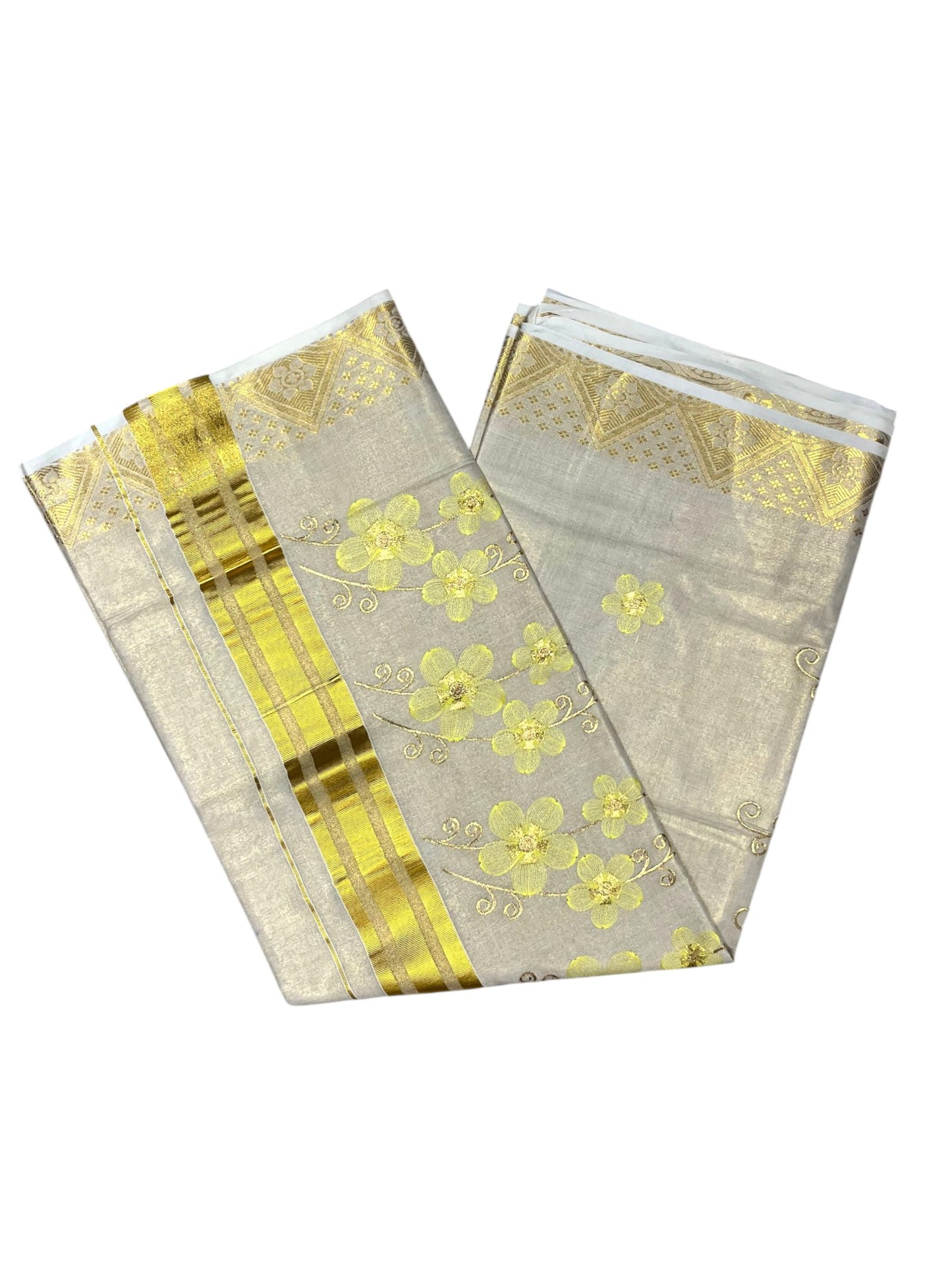 Southloom Kerala Tissue Kasavu Saree with Yellow Floral Embroidery Work on Body