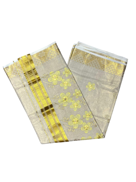 Southloom Kerala Tissue Kasavu Saree with Yellow Floral Embroidery Work on Body