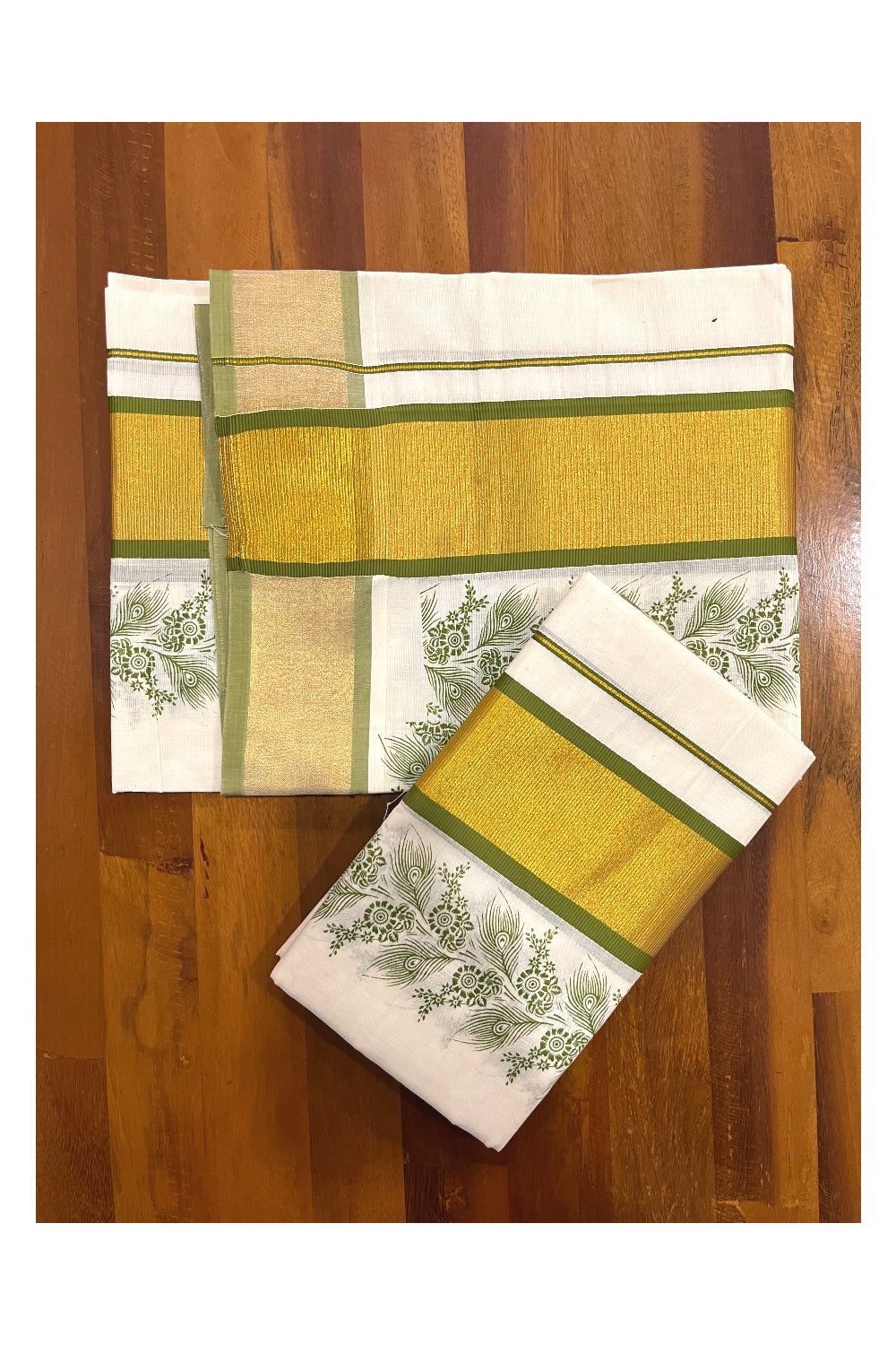 Pure Cotton Kerala Single Set Mundu (Mundum Neriyathum) with Green Block Printed Kasavu Border