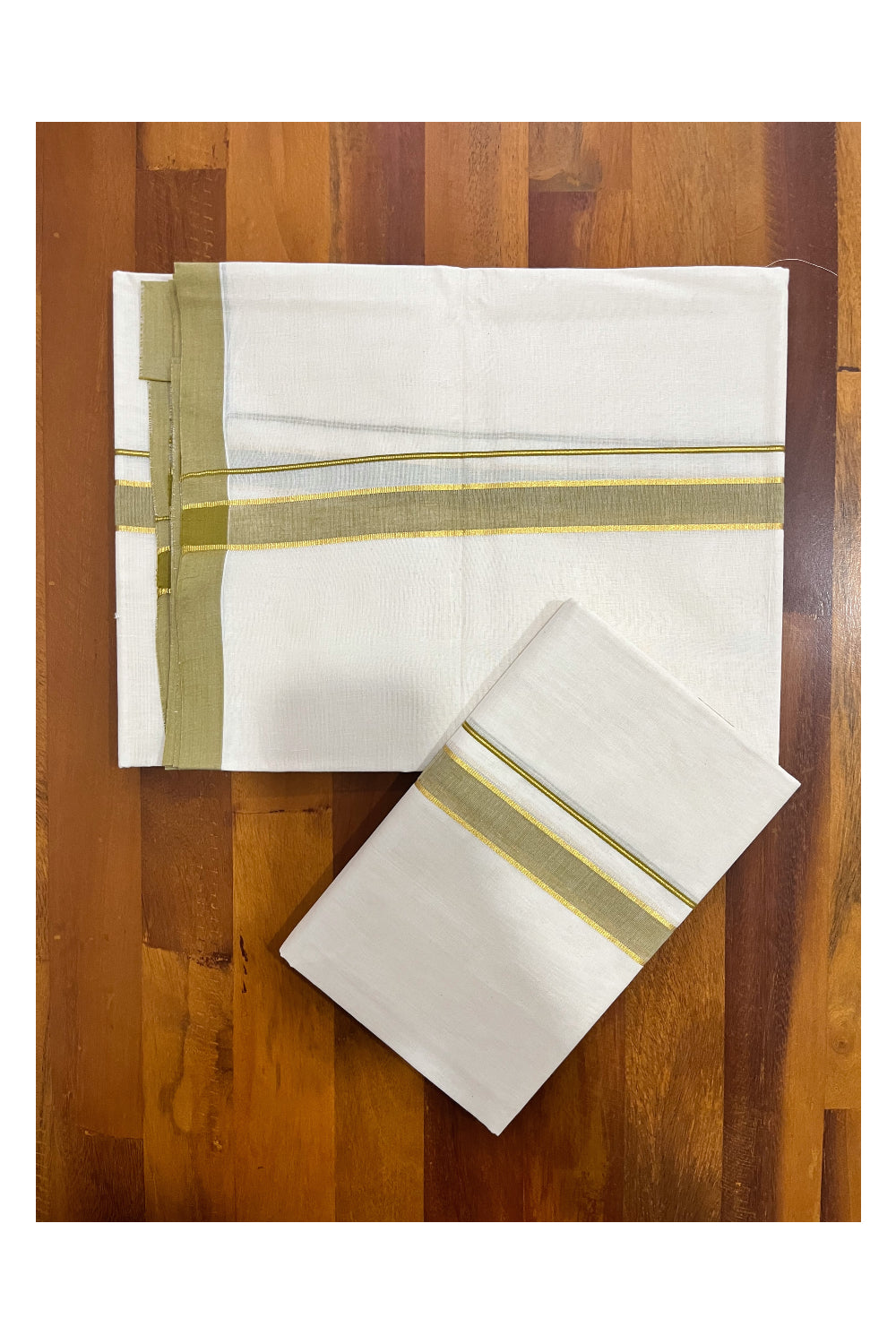 Kerala Pure Cotton Set Mundu Single (Mundum Neriyathum) with Olive Brown and Kasavu Border