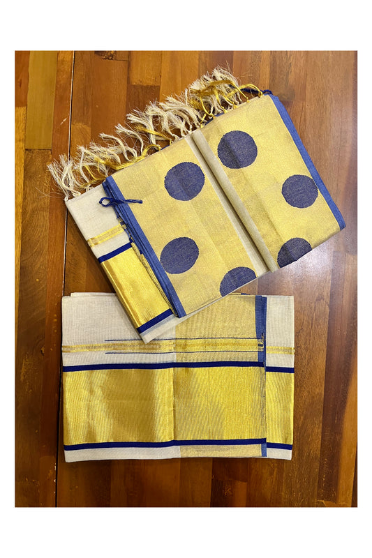 Southloom Handloom Premium Tissue Kasavu Set Mundu With Blue Polka Woven Patterns (Mundum Neriyathum) 2.70 Mtrs