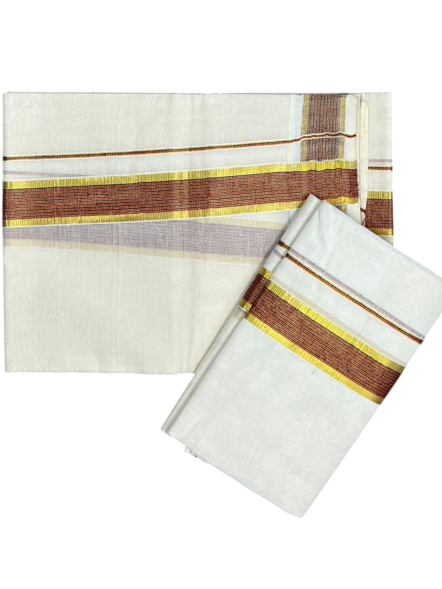 Kerala Cotton Set Mundu (Mundum Neriyathum) with Kasavu and Black & Orange Lines Border 2.80 Mtrs SLKK SL470