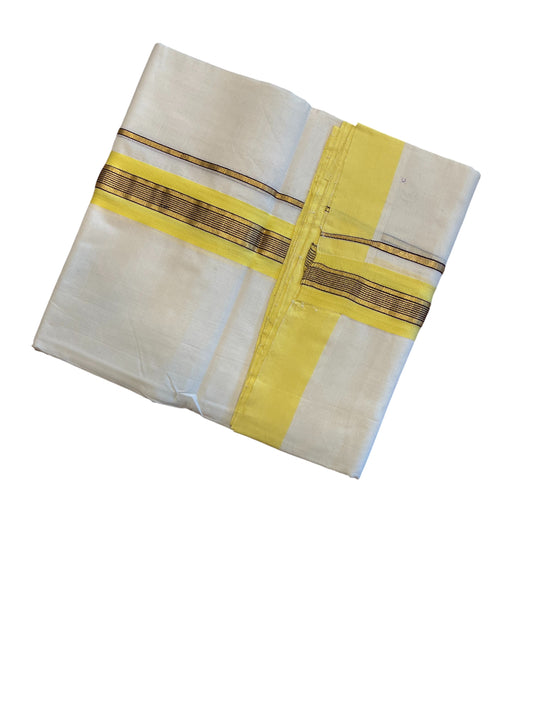 Southloom Premium Handloom Cotton Double Mundu with Yellow And Brown Line Kasav Border