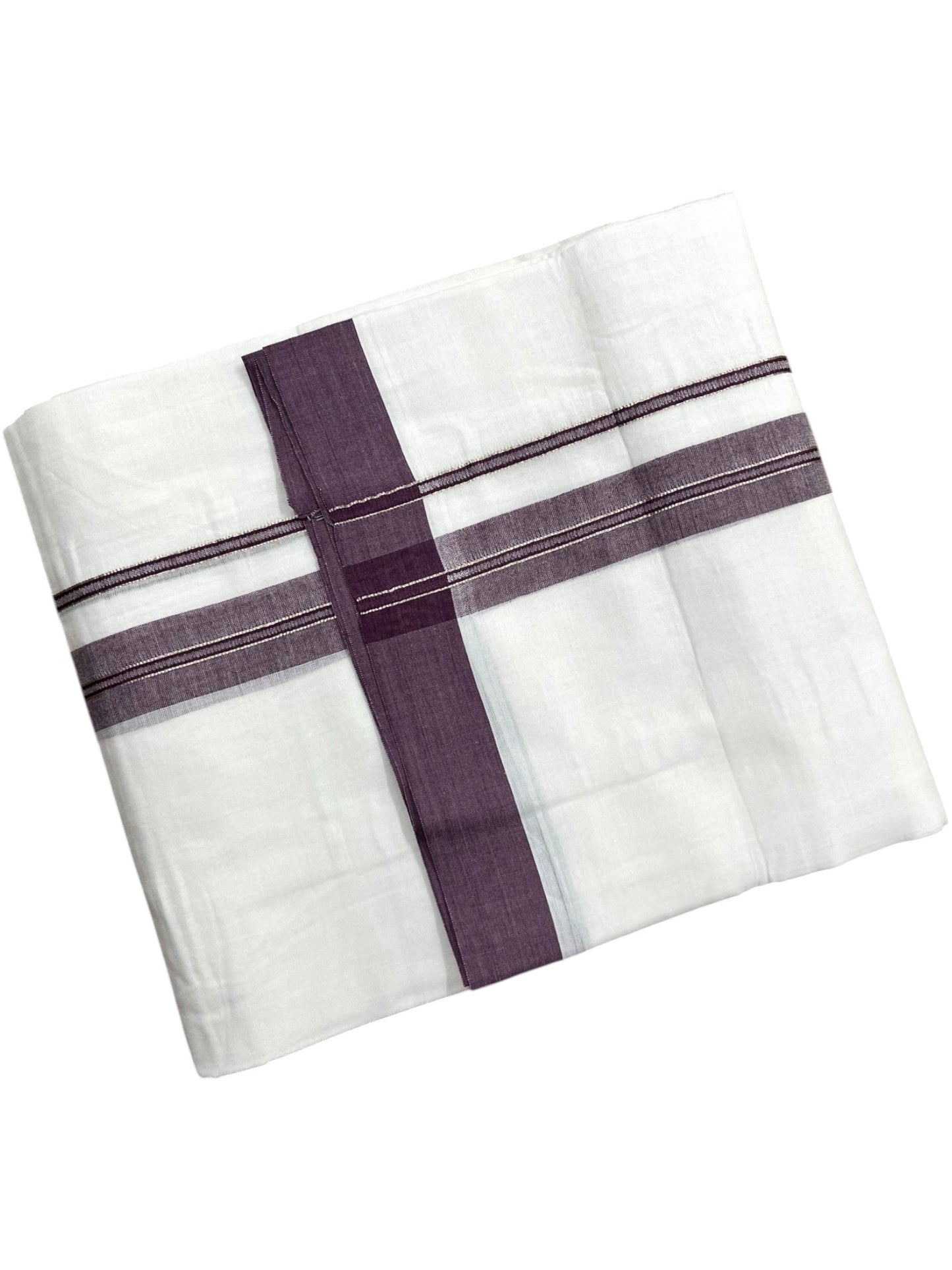 Southloom Pure White Cotton Mundu with Purple & Silver Line Border (South Indian Kerala Dhoti)