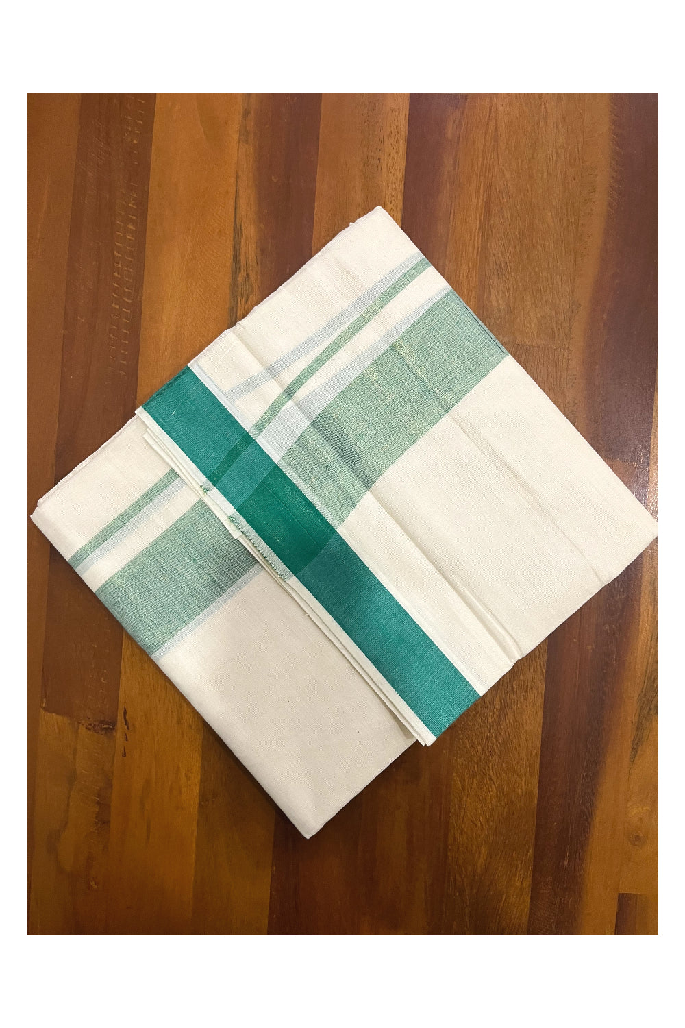 Pure Cotton Kerala Double Mundu with Green Kasavu Kara (South Indian Kerala Dhoti)