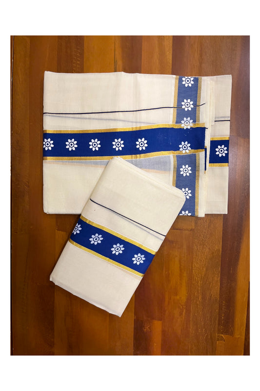 Kerala Cotton Single Set Mundu (Mundum Neriyathum) with Block Prints on Blue and Kasavu Border - 2.60Mtrs