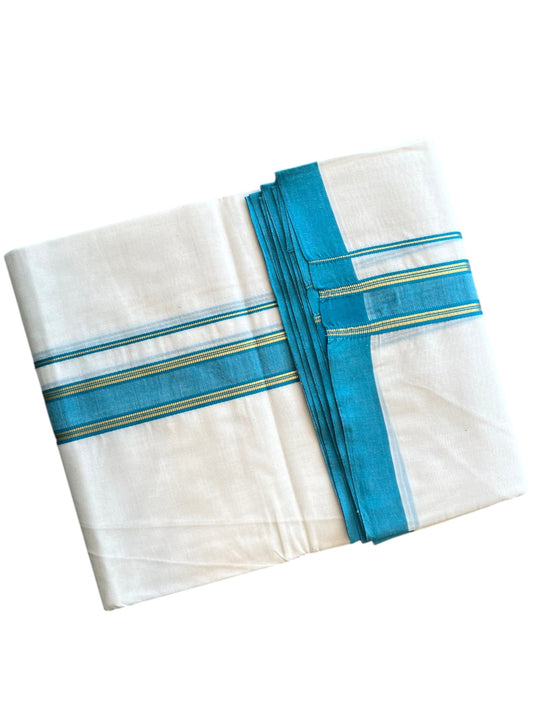 Southloom Pure Cotton Mundu with Golden Lines and Blue Border (South Indian Kerala Dhoti)