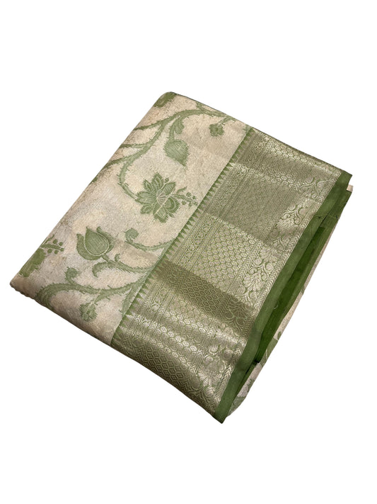 Southloom Tissue Silk Saree with Woven Work on Body and Borders (Beige & Green)