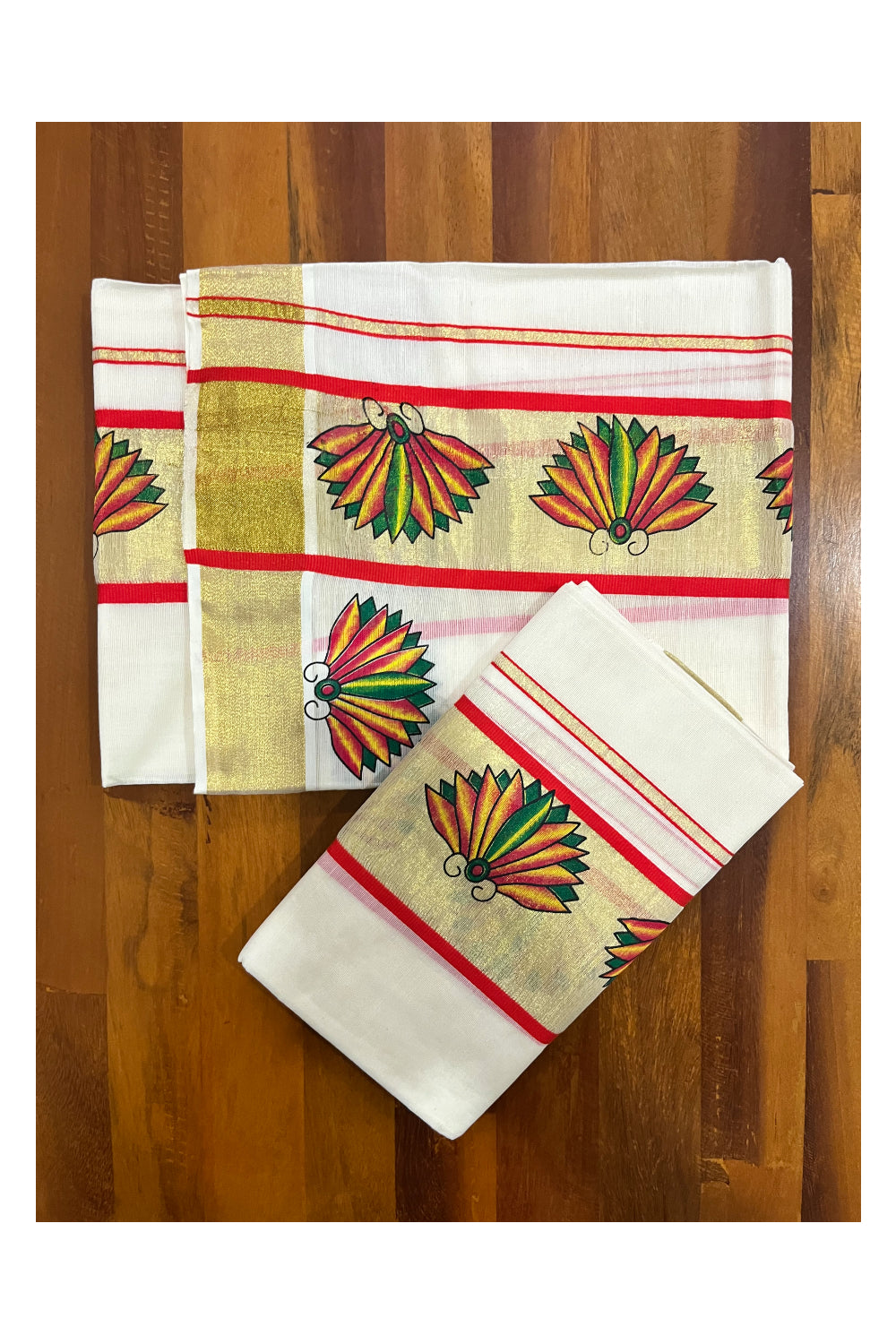 Kerala Cotton Single Set Mundu (Mundum Neriyathum) with Block Prints on Kasavu Red Border